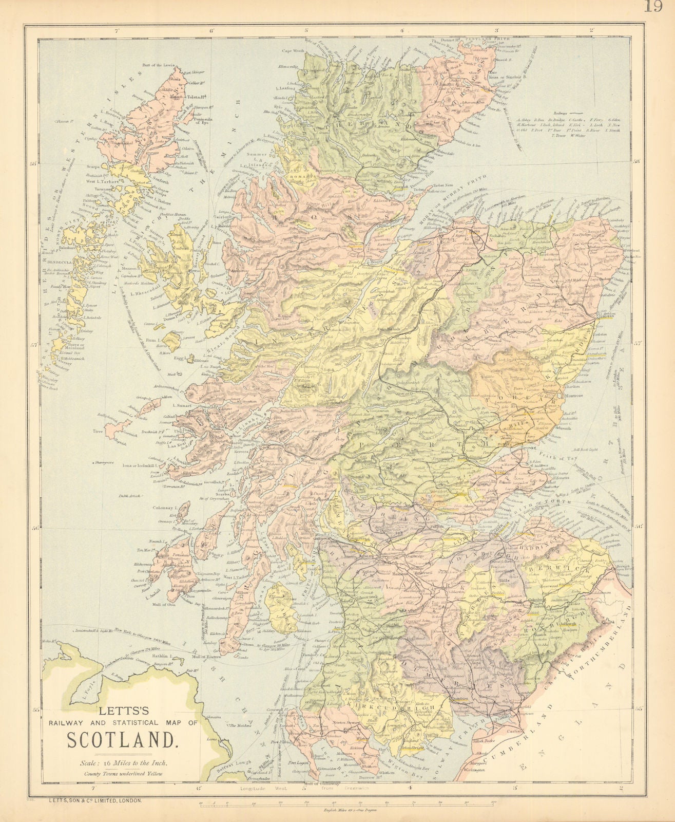 SCOTLAND. General map showing counties & railways. LETTS 1892 old antique